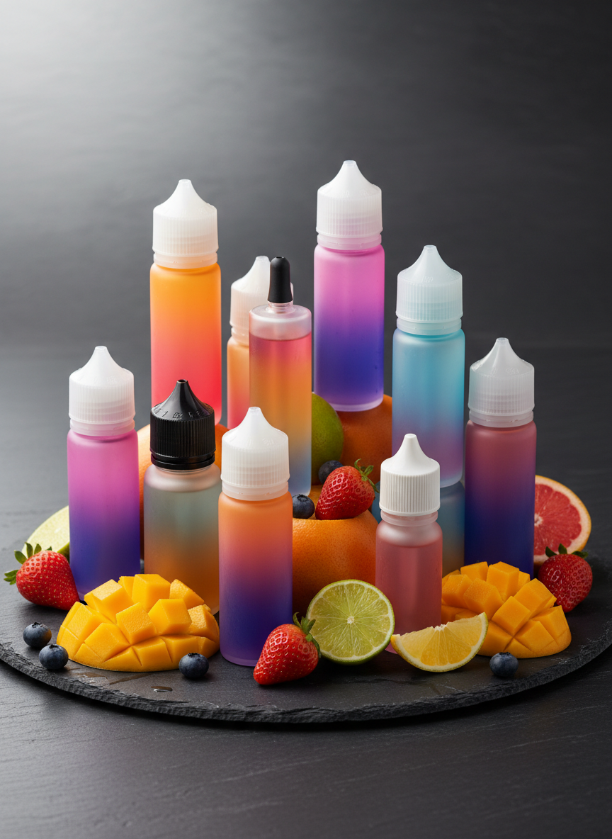 Colorful e-liquid bottles with fruit flavors
