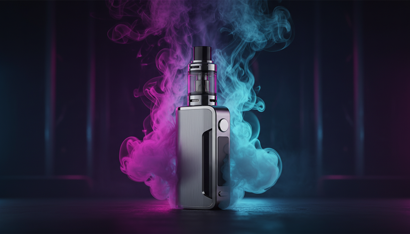 Modern vape device with colorful vapor clouds on dark background
